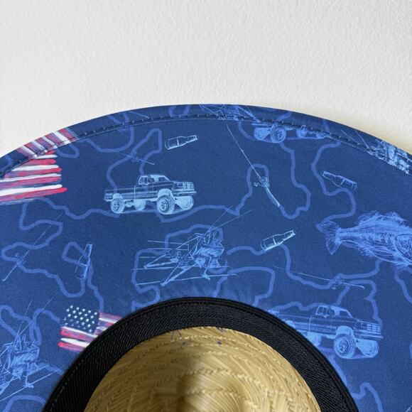 Huk Fishing Fish and Flags Straw Hat NWT One Size Fits Most Beach 4th of July - Picture 3 of 9